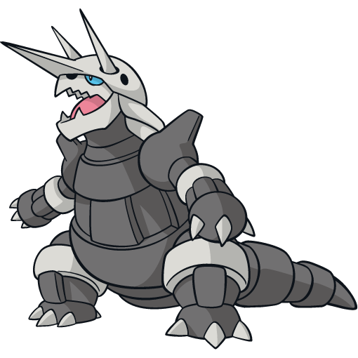 Artwork of Aggron, a large, monstrous, and lizard-like Pokémon covered in metal.