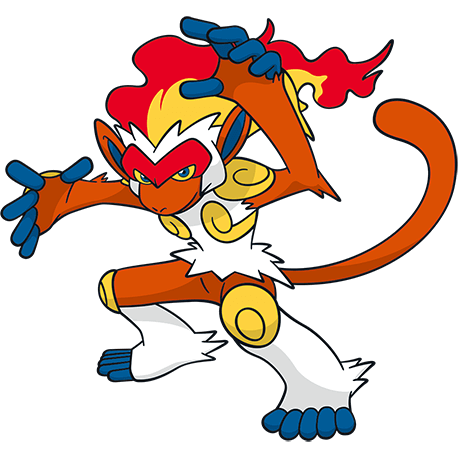 Artwork of Infernape, a fiery ape Pokémon with long limbs, whose head is bursting with flames.